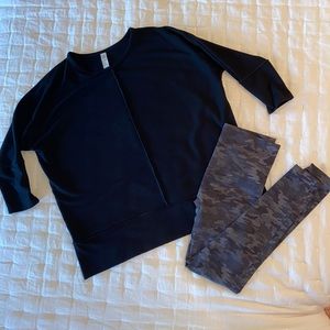 Spanx Outfit. Black Top + Camo Leggings